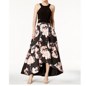 Xscape Solid & Floral-Print High-Low Gown
